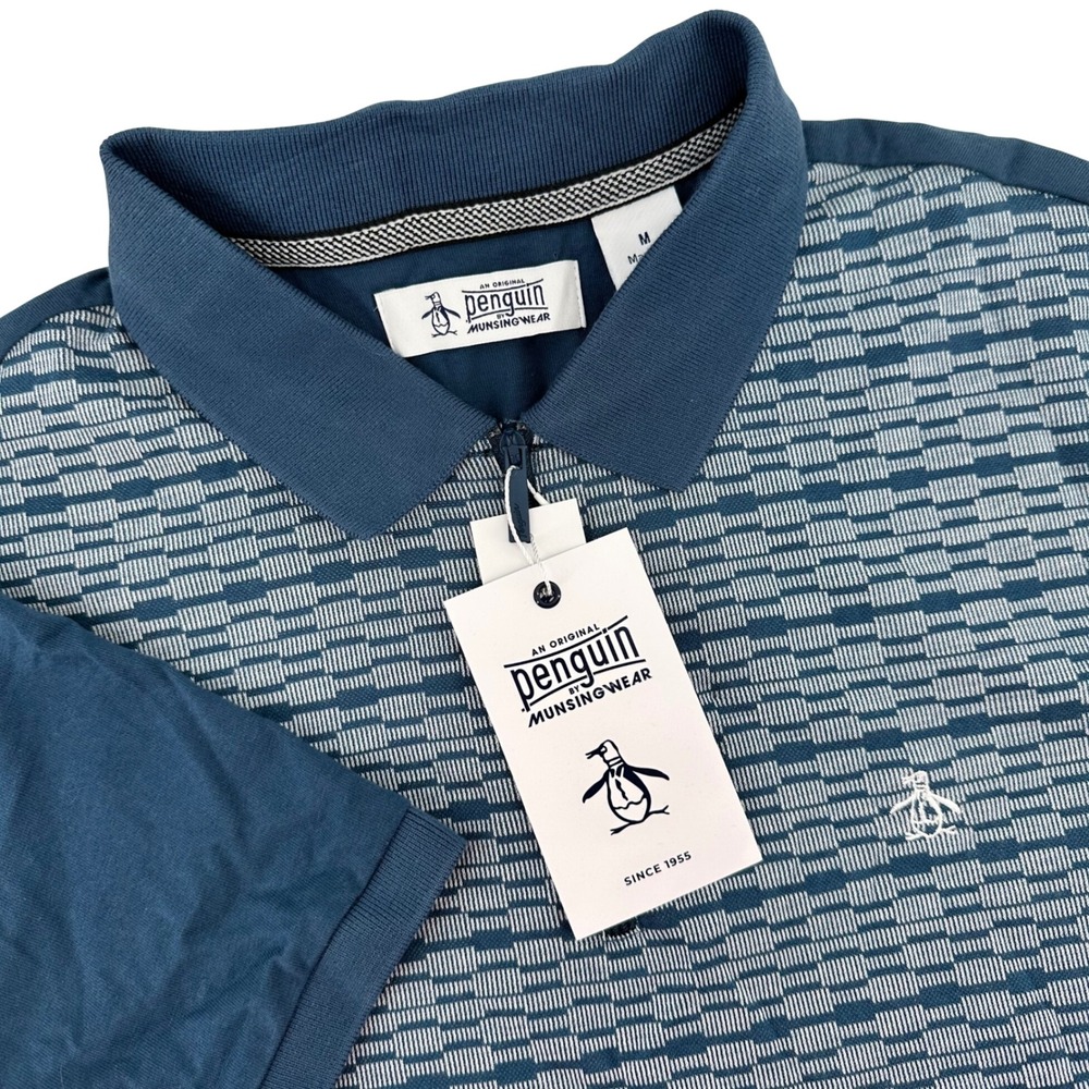 NEW Original Penguin Mens M Blue Geometric Jacquard Quarter Zip Polo Shirt